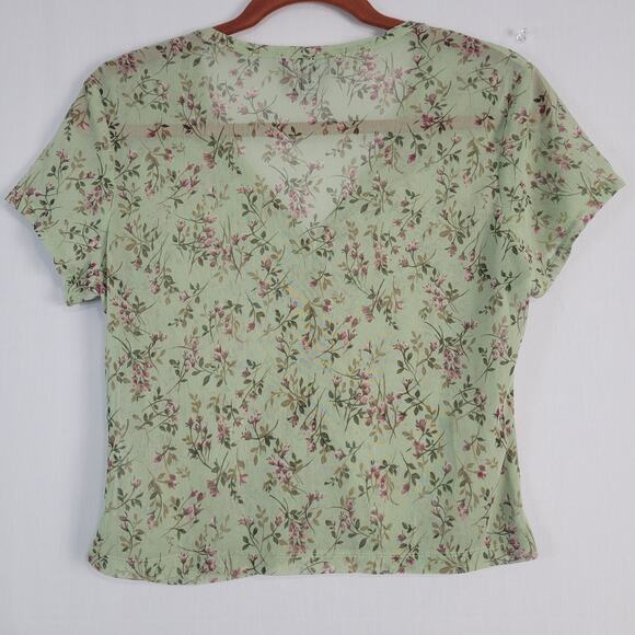 My Michelle Sheer Floral One Button Top sz M green multi forest fairy 90s style - Picture 6 of 7